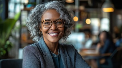 Poster - Woman wearing glasses and a gray jacket is smiling. She is sitting at a table in a restaurant. older black woman casually sharing a laugh with colleagues in an office