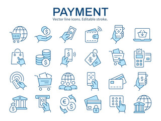 Payment icons, such as finance, payment, money, bank and more. Vector illustration isolated on white. Editable stroke.