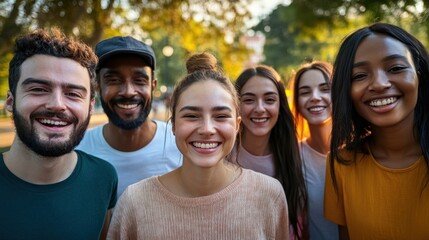 A cheerful group of friends gathers in a park, sharing smiles and laughter during a sunny evening