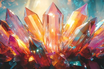 A cluster of vibrant, multi-colored crystals with a golden glow, radiating light and energy.