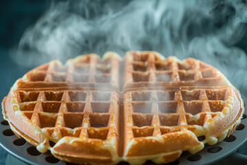 a freshly made waffle emits steam, showcasing its fluffy texture and golden-brown color, perfect for
