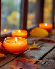 Canvas Print - Autumn Cozy Atmosphere with Pumpkin Candles on Wooden Background