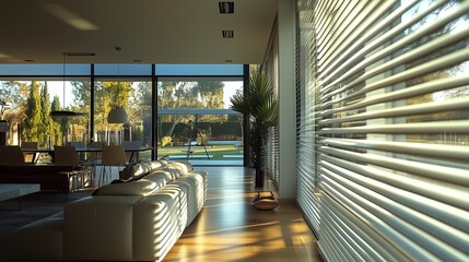 Sticker - Bright modern living room with large windows showcasing outdoor greenery and sunlight streaming through blinds in the late afternoon