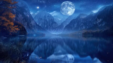 Sticker - Serene Night Landscape with Moonlit Mountains and Lake