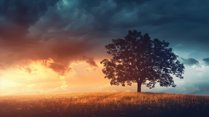 Wall Mural - majestic tree against dramatic sky at sunset