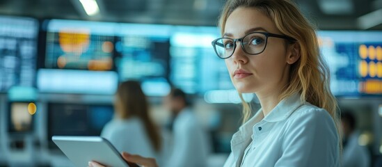 Wall Mural - a female scientist or engineer working in a laboratory or control room, holding a tablet and looking