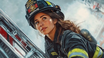 Wall Mural - A light-skinned Latina firefighter with wavy hair, operating a ladder truck during a rescue operation.