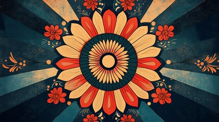 A colorful floral mandala with radiating stripes in blue, orange, and red.