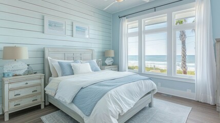 photograph of A coastal-themed bedroom featuring light blue walls, white bedding, nautical accents, and large windows that provide a view of the beach or ocean.