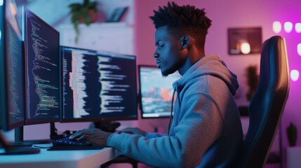 A muscular Black male software developer, writing code in a minimalist tech workspace with glowing monitors.