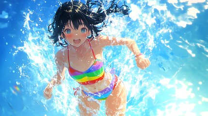 Cheerful Girl in Rainbow Bikini Swims Underwater.