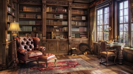 Wall Mural - Cozy Library with Elegant Decor and Warm Lighting