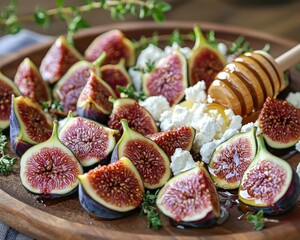 A vibrant display of fresh figs drizzled with honey, paired with creamy cheese and garnished with herbs on a rustic wooden platter.