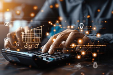 Entrepreneur Calculates Revenue Growth with Online Sales Graph and Shopping Cart Icon for E-commerce Marketing