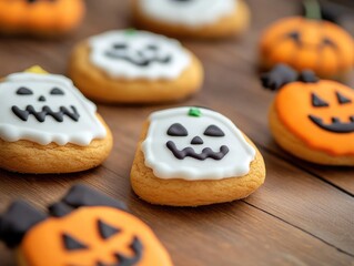 Colorful Halloween cookies on a wooden surface