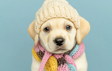 Cute puppy wearing pastel knitted hat and colorful scarf, looking adorable against soft blue background. This charming image captures playful spirit of young dog