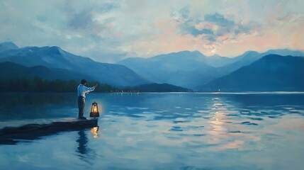 Wall Mural - Man with a Lantern Standing on a Lake Shore at Dusk.