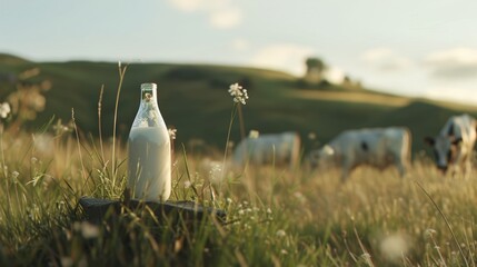 Poster - A bottle of milk sits in a sunlit meadow, surrounded by grazing cows and softly swaying grasses under a tranquil, blue sky.