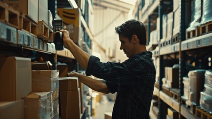 A warehouse worker diligently scans packages on high shelves, epitomizing efficiency and organization in a bustling logistics environment.