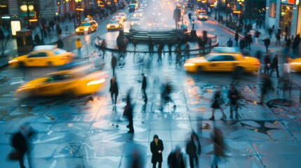 Wall Mural - Blurred taxis and pedestrians in a lively city intersection, capturing the quick-paced rhythm of urban life amidst glowing streetlights.