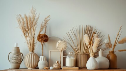 Wall Mural - Arranged pampas grass and ceramic vases create an elegant, minimalistic display against a soft backdrop, evoking natural calm and beauty.