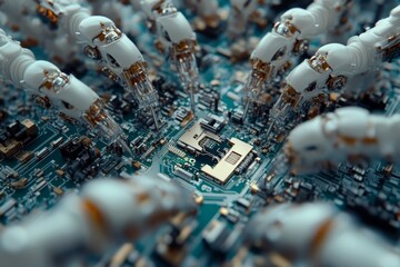 Fototapete - A close-up image depicting robotic arms intricately assembling a microchip on a circuit board, showcasing technology's precision and the advancement of engineering.