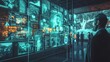 © somneuk - A person observes interactive digital displays featuring holographic images and data in a modern exhibition space.