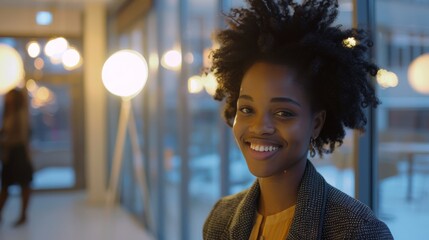 A cheerful young woman with natural curls beams in a softly lit indoor space, embodying joy and warmth.