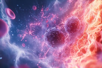 Poster - An artistic interpretation of cellular interaction, showcasing dynamic cell movement and vibrant energy flow, symbolizing health, vitality, and the balance of life forces.