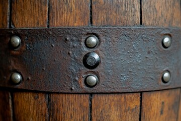 A close-up of an old oak barrel emphasizing the rusty metal band and textured wood surface, embodying themes of history, durability, and rustic charm.