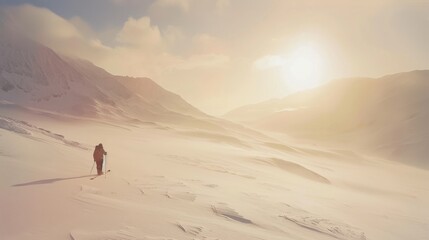 A lone hiker traverses a vast snowy landscape under a warm glowing sun, evoking a sense of solitude and adventure.