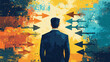 © namoi - A businessman facing a series of arrows pointing in different directions, representing the complexity of making a business decision and the potential for success or failure.