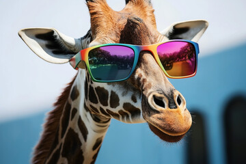 A close-up of a giraffe wearing colorful sunglasses. The sunglasses reflect the surrounding environment and add a humorous touch to the image. The background is blurred.