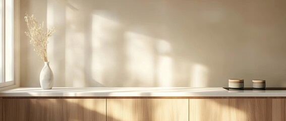 Blurred background of a modern kitchen interior with a white countertop and wooden cabinets, a blurred, abstract blur of a light beige wall in the kitchen 