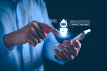 Ai Tech Chat with AI Artificial Intelligence. Businessman using chatbot in computer smart intelligence Ai, artificial intelligence developed by OpenAI. Futuristic technology, robot in online system.