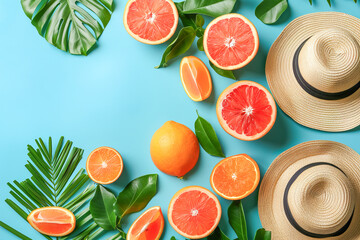 Wall Mural - Summer tropical composition with fresh citrus fruits and straw hats