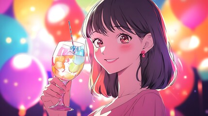 Cheerful Anime Girl Enjoying a Drink at a Party.