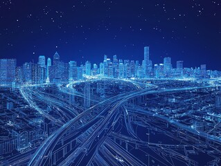 A futuristic cityscape with a network of interconnected roads and buildings, illuminated in a blue hue against a starry night sky.