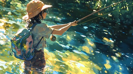 Wall Mural - Young Woman Fly Fishing in a Stream.