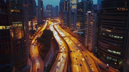 Wall Mural - A vibrant cityscape with highways aglow, bustling with night traffic, surrounded by towering skyscrapers under a twilight sky, capturing urban energy.