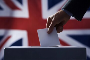 Image shows a hand inserting a ballot into a box, with a focus on the democratic process under the British flag, highlighting the importance of civic duty.