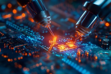 Poster - Precision tools delicately adjusting a glowing microprocessor, emphasizing advancements in computer engineering, electronics, and high-tech manufacturing.