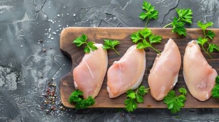 Wall Mural - Fresh chicken breasts elegantly arranged on a wooden board with sprigs of parsley, accentuating a clean culinary presentation and raw ingredient appeal.