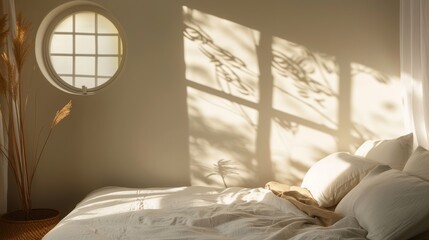 Wall Mural - Sunlight streams through a circular window, casting playful shadows on a minimalist bedroom, enhancing its serene and relaxing ambiance.