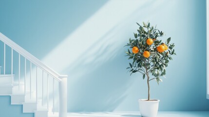 Canvas Print - A vibrant orange tree stands next to a white staircase in a sunlit room with blue walls and natural light illuminating the space