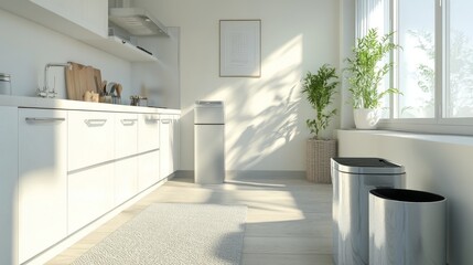 Interior of a bright, modern kitchen with stylish white counters, a cozy rug, and a trash bin, clean and organized design