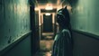 © VK Studio - A mysterious figure stands in a dimly lit hallway, exuding an eerie, unsettling vibe reminiscent of horror films.