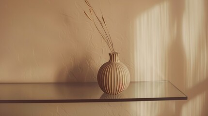 Wall Mural - Warm light filters over a textured vase and dried branches, creating a serene minimalist aesthetic in a comforting space.