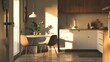 © VK Studio - Cozy kitchen scene with warm sunlight streaming onto a modest dining table and minimalist decor.