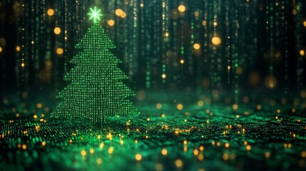 A neon green binary code Christmas tree glowing during the festive season in a virtual landscape